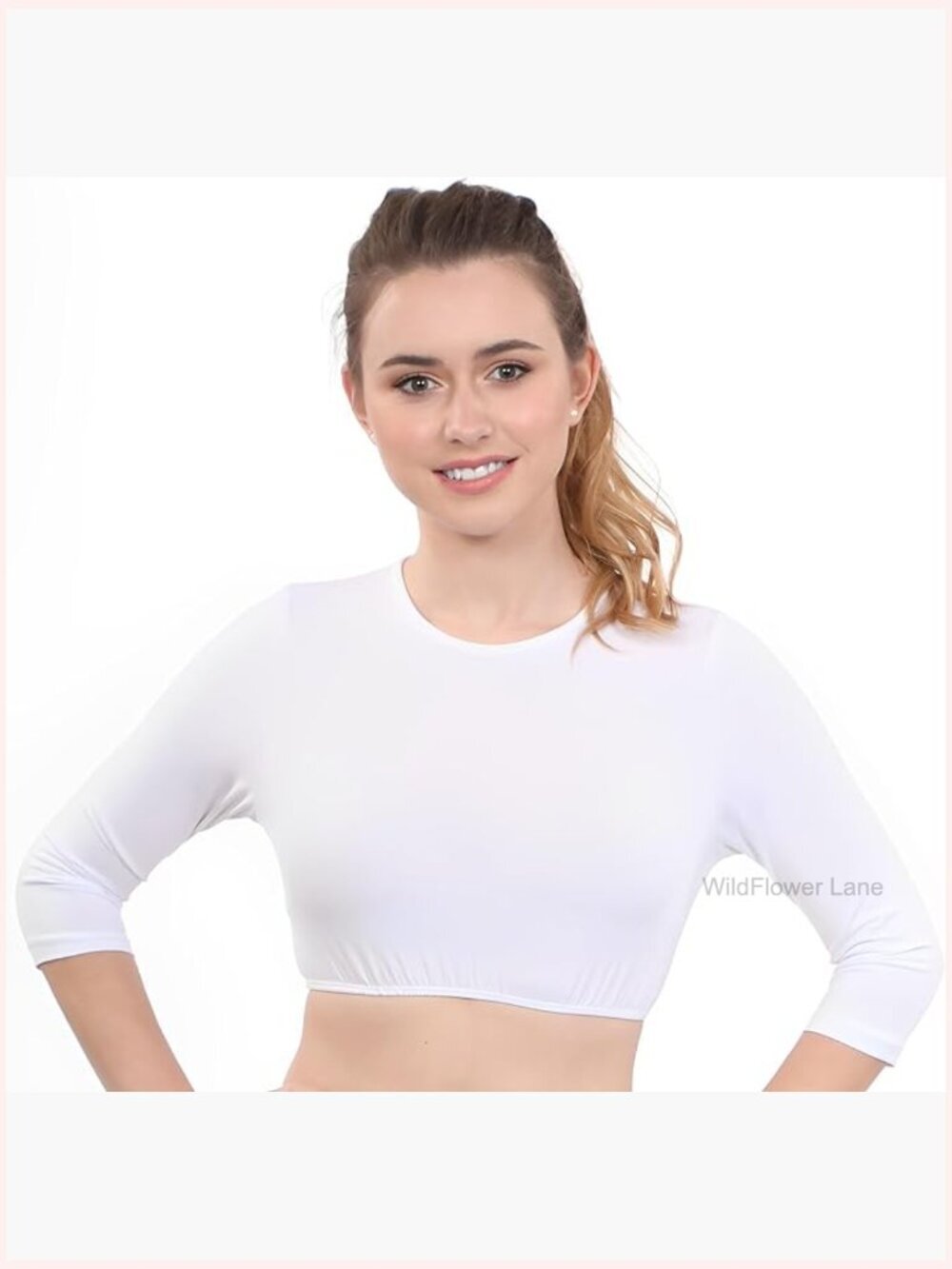 Women's Modest High Neck Cropped Layering Shell 3/4 Sleeve Cotton Spandex Base